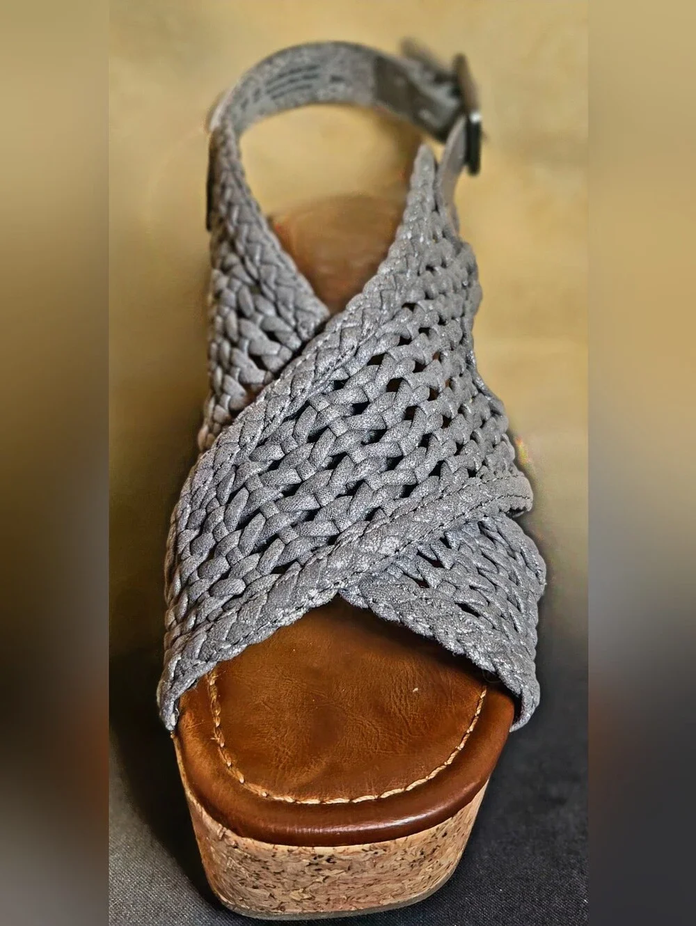 Blowfish Malibu Woven Cork Wedge Platform Sandals Metallic Pewter 6.5M